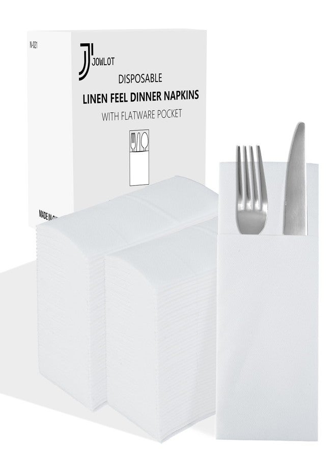 JOWLOT 100 Count Linen Feel Disposable Dinner Napkins with Built-in Flatware Pocket, White Cloth Like Napkins for Weddings Party Bathroom, Prefolded Napkins for Silverware, 16 X 16 Inch - Image 1